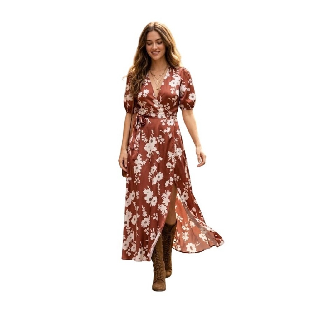 Joyfolie Lucerine Floral Wrap‎ Dress Rust White Maxi Dress 3/4 Sleeve V-Neck XS